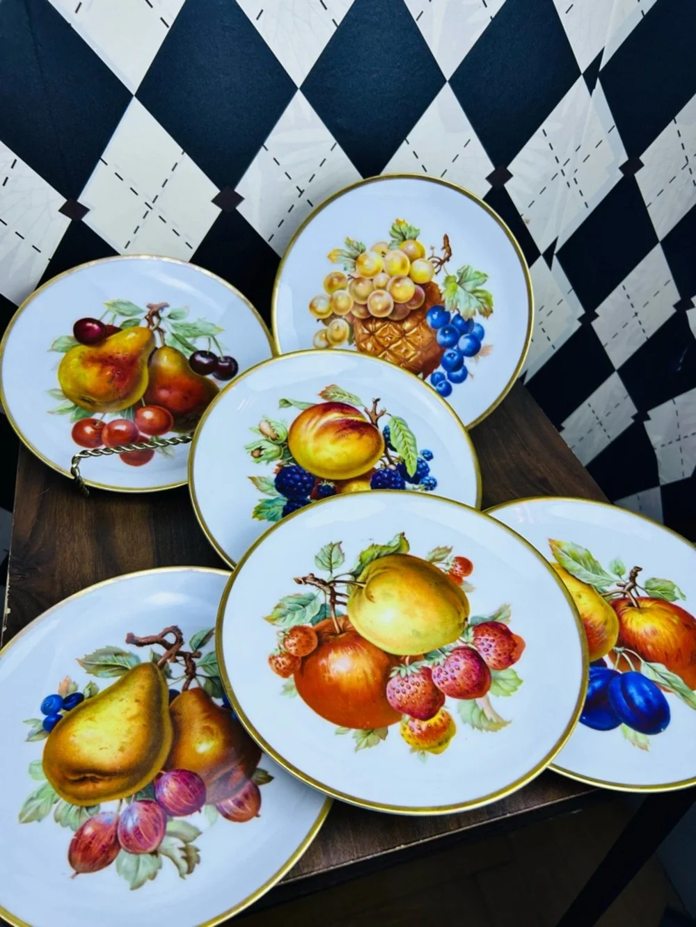 Vintage Mitterteich Bavaria Fruit Plates Set‎ of 6 Gold Rim German Porcelain